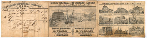 Unbekannt (Künstler*in), Rechnung mit zehn Abbildungen: "Hotels Victoria bei M. Weinert in Bingen gegenüber der An- und Abfahrt der Dampfschiffe.", Mitte des 19. Jahrhunderts