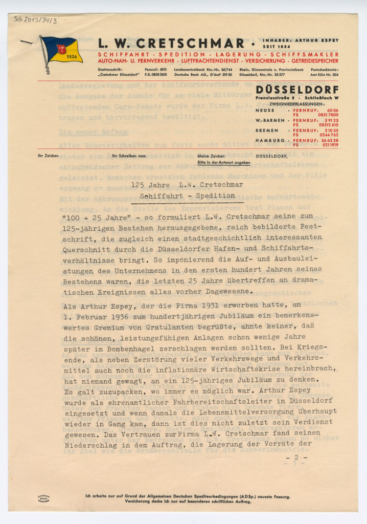 Text der Broschüre "125 Jahre L. W. Cretschmar Schiffahrt Spedition"