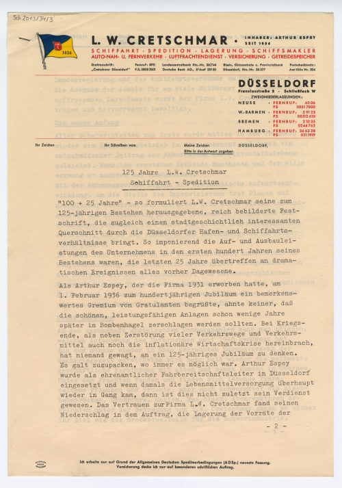 Unbekannt (Autor*in), Text der Broschüre "125 Jahre L. W. Cretschmar Schiffahrt Spedition", 1961