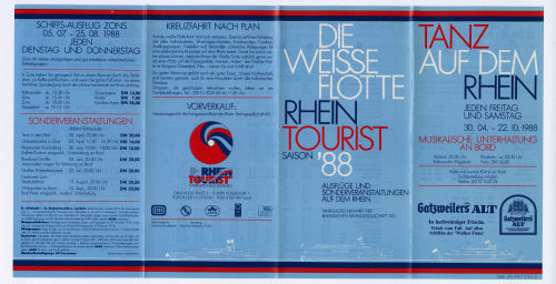 Weisse Flotte Düsseldorf GmbH (Beteiligte Institution), DIE WEISSE FLOTTE. RHEIN TOURIST. Ausflüge und Sonderveranstaltungen auf dem Rhein., 1988