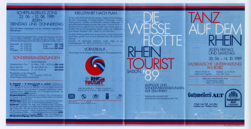 Weisse Flotte Düsseldorf GmbH (Beteiligte Institution), DIE WEISSE FLOTTE RHEIN TOURIST. AUSFLÜGE UND SONDERVERANSTALTUNGEN AUF DEM RHEIN., 1989