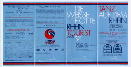 Weisse Flotte Düsseldorf GmbH (Beteiligte Institution), DIE WEISSE FLOTTE. RHEIN TOURIST. AUFLÜGE UND SONDERVERANSTALTUNGEN AUF DEM RHEIN., 1991