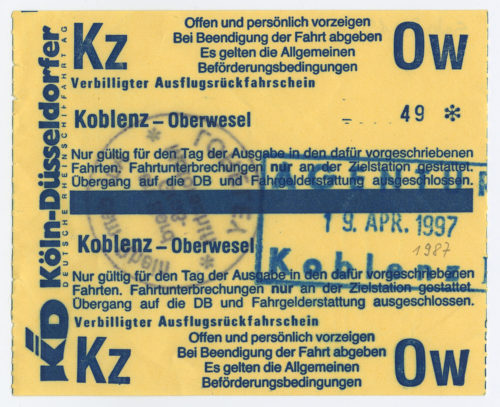 Köln-Düsseldorfer Deutsche Rheinschiffahrt AG (Beteiligte Institution), Schiffsfahrschein "Koblenz - Oberwesel", 19.04.1987