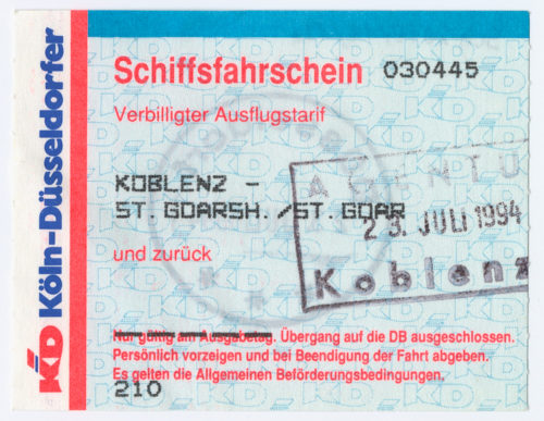 Köln-Düsseldorfer Deutsche Rheinschiffahrt AG (Beteiligte Institution), Schiffsfahrschein "Koblenz - St. Goarsh./St. Goar", 23.07.1994