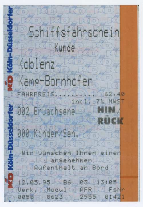 Köln-Düsseldorfer Deutsche Rheinschiffahrt AG (Beteiligte Institution), Schiffsfahrschein "Koblenz - Kamp-Bornhofen", 12.05.1995
