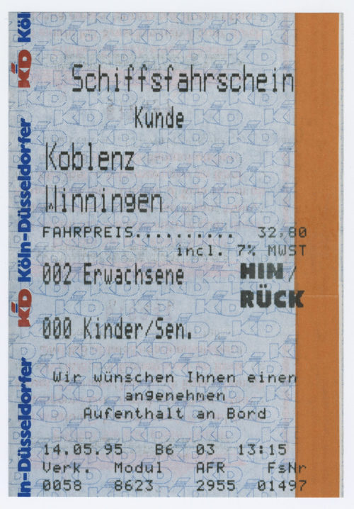 Köln-Düsseldorfer Deutsche Rheinschiffahrt AG (Beteiligte Institution), Schiffsfahrschein "Koblenz - Winningen", 14.05.1995