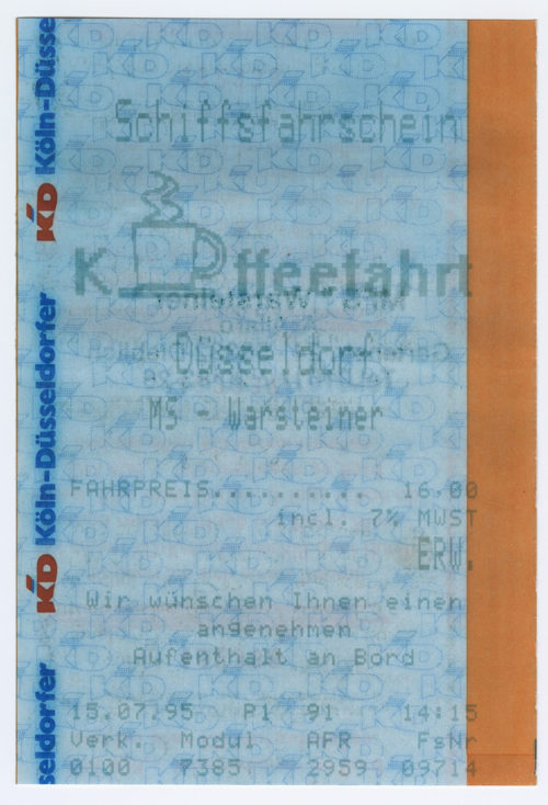 Köln-Düsseldorfer Deutsche Rheinschiffahrt AG (Beteiligte Institution), Schiffsfahrschein "Kaffeefahrt Düsseldorf MS - Warsteiner", 1995