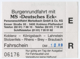 Schiffsfahrschein "Burgenrundfahrt mit MS 'Deutsches Eck' "