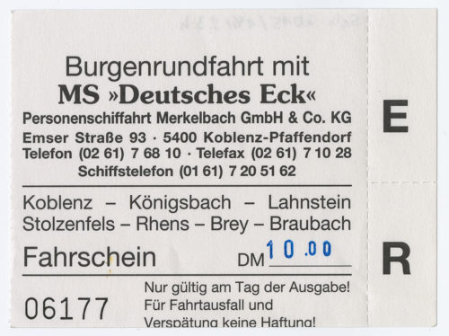 Personenschiffahrt Merkelbach GmbH (Beteiligte Institution), Schiffsfahrschein "Burgenrundfahrt mit MS 'Deutsches Eck' ", n.d.