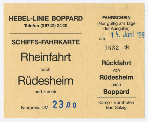 Hebel-Linie Boppard (Beteiligte Institution), Schiffsfahrschein "Rheinfahrt nach Rüdesheim", 14.06.1993