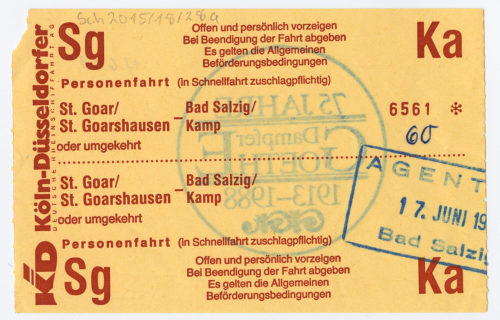 Köln-Düsseldorfer Deutsche Rheinschiffahrt AG (Beteiligte Institution), Schiffsfahrschein "St. Goar/ St. Goarshausen - Bad Salzig/Kamp", 1989