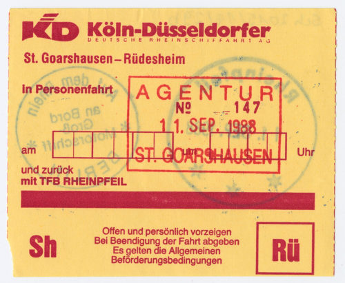 Köln-Düsseldorfer Deutsche Rheinschiffahrt AG (Beteiligte Institution), Schiffsfahrschein "St. Goarshausen - Rüdesheim", 1988
