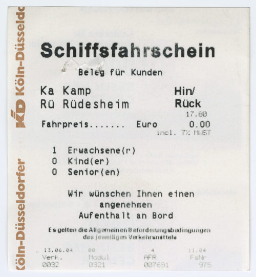 Köln-Düsseldorfer Deutsche Rheinschiffahrt AG (Beteiligte Institution), Schiffsfahrschein "Kamp - Rüdesheim", 13.06.2004