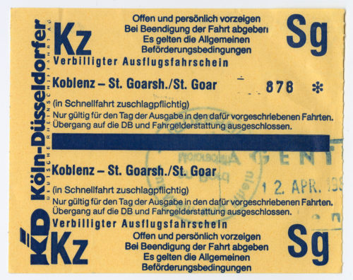 Köln-Düsseldorfer Deutsche Rheinschiffahrt AG (Beteiligte Institution), Schiffsfahrschein "Koblenz - St. Goarsh./St. Goar", 12.04.1988