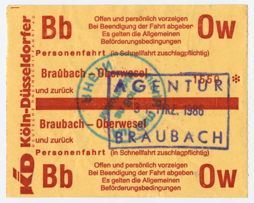Köln-Düsseldorfer Deutsche Rheinschiffahrt AG (Beteiligte Institution), Schiffsfahrschein "Braubach - Oberwesel", 31.03.1986