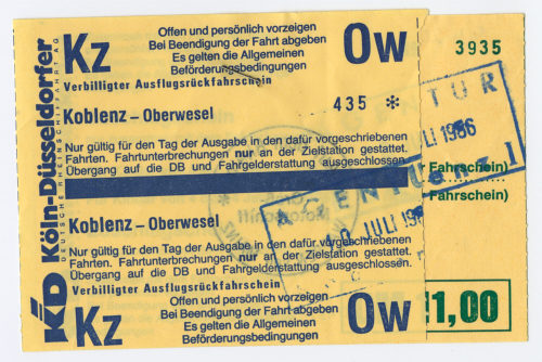 Köln-Düsseldorfer Deutsche Rheinschiffahrt AG (Beteiligte Institution), Schiffsfahrschein "Koblenz - Oberwesel", 10.07.1986
