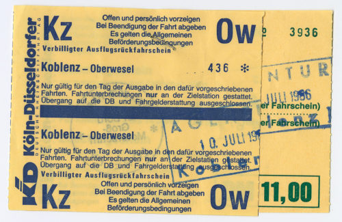 Köln-Düsseldorfer Deutsche Rheinschiffahrt AG (Beteiligte Institution), Schiffsfahrschein "Koblenz - Oberwesel", 10.07.1986