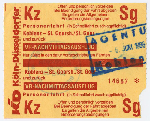 Köln-Düsseldorfer Deutsche Rheinschiffahrt AG (Beteiligte Institution), Schiffsfahrschein "Koblenz - St. Goarsh./ St. Goar", 1986