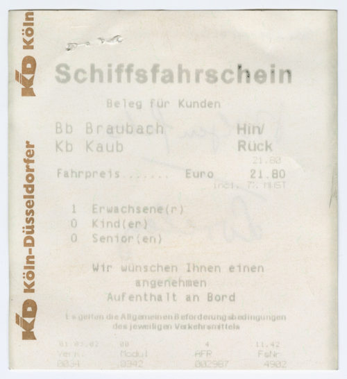 Köln-Düsseldorfer Deutsche Rheinschiffahrt AG (Beteiligte Institution), Schiffsfahrschein "Braubach - Kaub", 2002