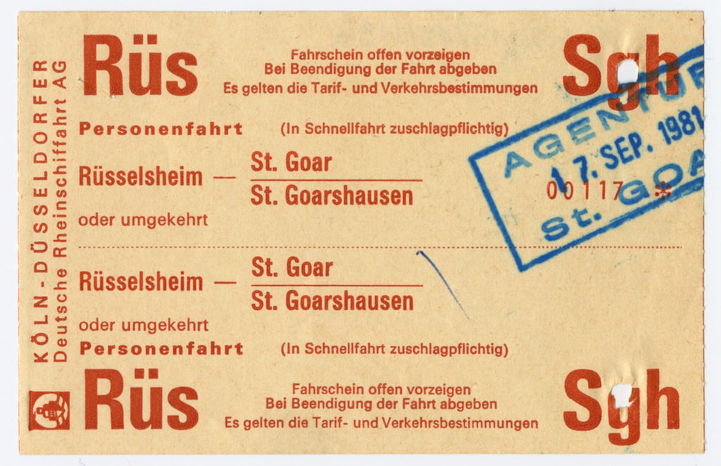 Schiffsfahrschein "Rüsselsheim - St. Goar/St. Goarshausen"