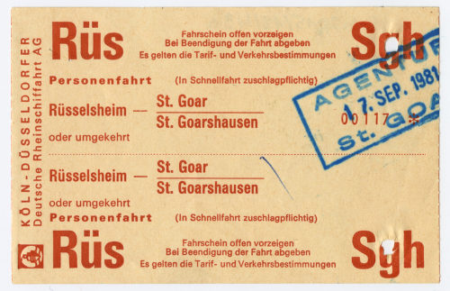 Köln-Düsseldorfer Deutsche Rheinschiffahrt AG (Beteiligte Institution), Schiffsfahrschein "Rüsselsheim - St. Goar/St. Goarshausen", 1981