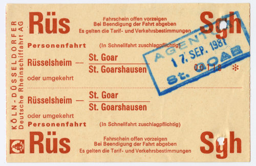 Köln-Düsseldorfer Deutsche Rheinschiffahrt AG (Beteiligte Institution), Schiffsfahrschein "Rüsselsheim - St. Goar/St. Goarshausen", 1981