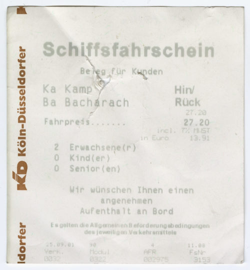 Köln-Düsseldorfer Deutsche Rheinschiffahrt AG (Beteiligte Institution), Schiffsfahrschein "Kamp - Bacharch", 25.09.2001
