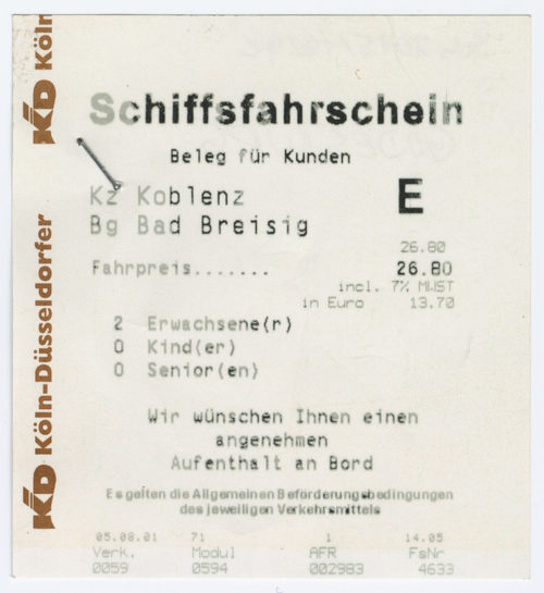 Köln-Düsseldorfer Deutsche Rheinschiffahrt AG (Beteiligte Institution), Schiffsfahrschein "Koblenz - Bad Breisig", 05.08.2001