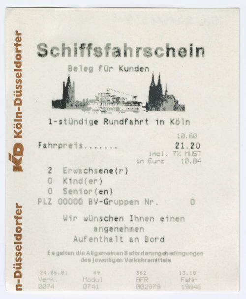 Köln-Düsseldorfer Deutsche Rheinschiffahrt AG (Beteiligte Institution), Schiffsfahrschein "1-stündige Rundfahrt in Köln", 24.06.2001