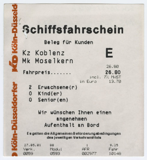 Köln-Düsseldorfer Deutsche Rheinschiffahrt AG (Beteiligte Institution), Schiffsfahrschein "Koblenz - Moselkern", 27.05.2001