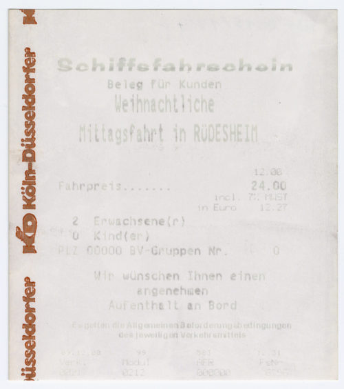 Köln-Düsseldorfer Deutsche Rheinschiffahrt AG (Beteiligte Institution), Schiffsfahrschein "Weihnachtliche Mittagsfahrt in Rüdesheim", 09.12.2000