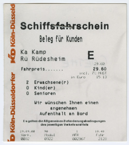 Köln-Düsseldorfer Deutsche Rheinschiffahrt AG (Beteiligte Institution), Schiffsfahrschein "Kamp - Rüdesheim", 29.09.2000