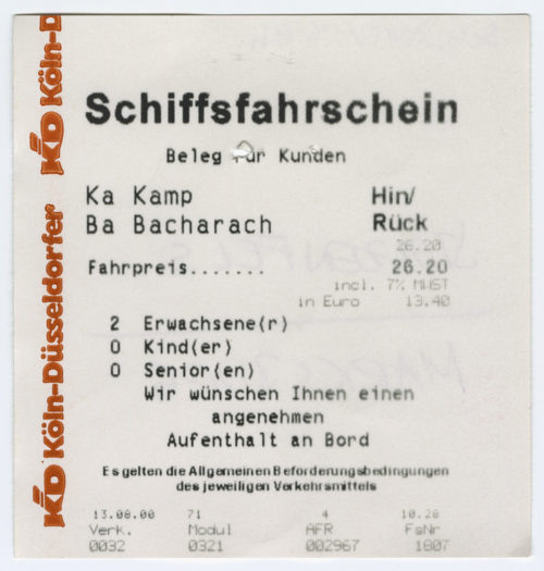Köln-Düsseldorfer Deutsche Rheinschiffahrt AG (Beteiligte Institution), Schiffsfahrschein "Kamp - Bacharach", 13.08.2000
