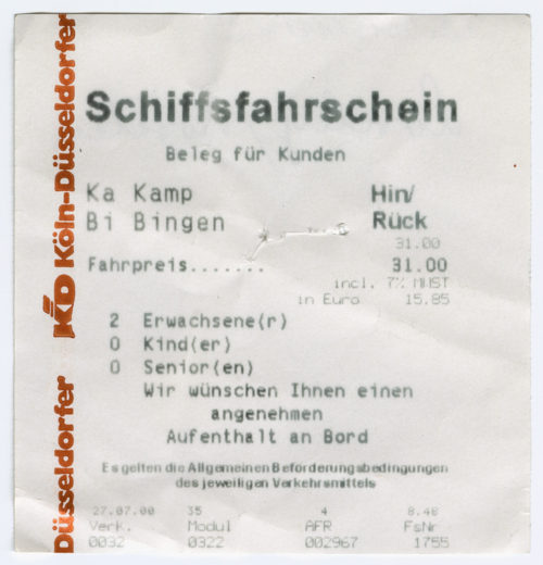 Köln-Düsseldorfer Deutsche Rheinschiffahrt AG (Beteiligte Institution), Schiffsfahrschein "Kamp - Bingen", 27.07.2000