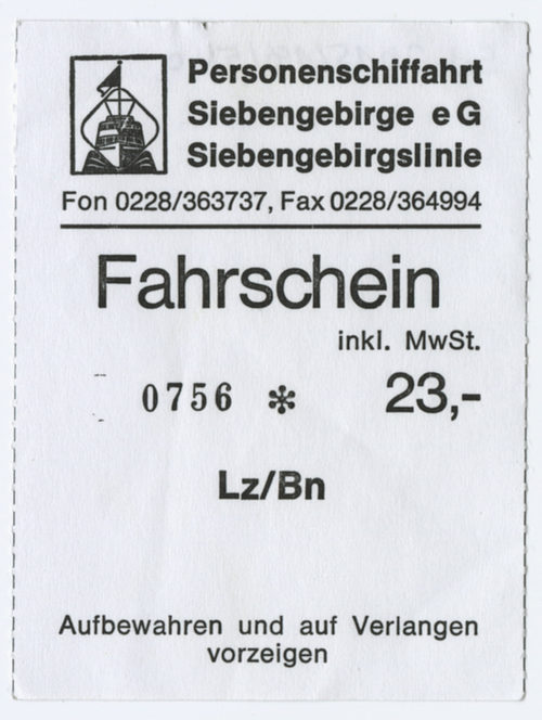 Personenschifffahrt Siebengebirge eG (Beteiligte Institution), Schiffsfahrschein "Lz/Bn" [Linz - Bonn], n.d.