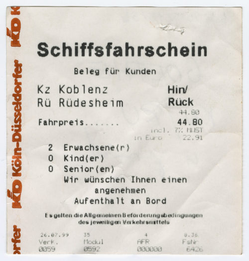 Köln-Düsseldorfer Deutsche Rheinschiffahrt AG (Beteiligte Institution), Schiffsfahrschein "Koblenz - Rüdesheim", 1999