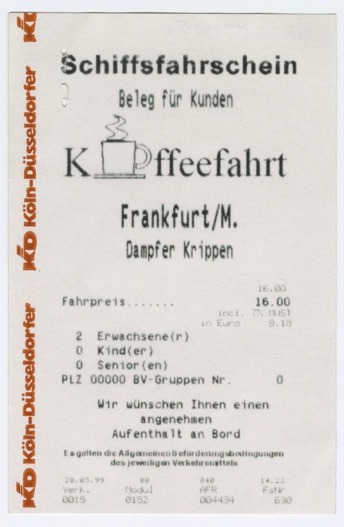 Köln-Düsseldorfer Deutsche Rheinschiffahrt AG (Beteiligte Institution), Schiffsfahrschein "Kaffeefahrt Frankfurt/M. Dampfer Krippen", 1999