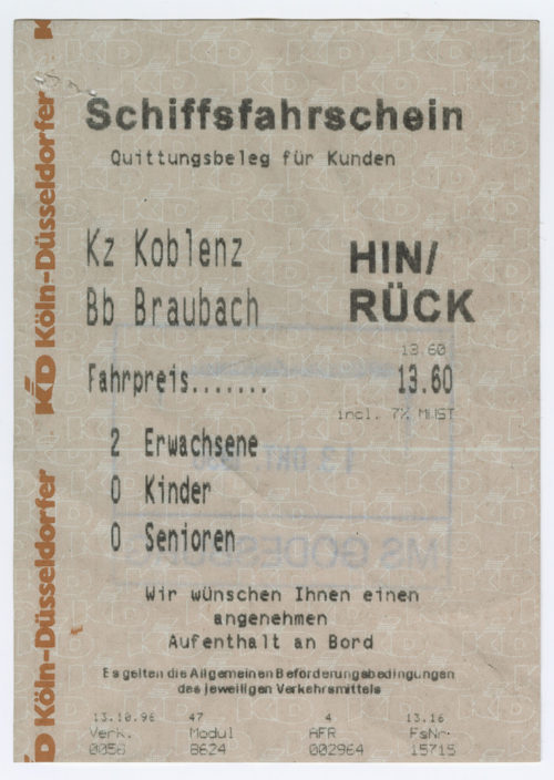 Köln-Düsseldorfer Deutsche Rheinschiffahrt AG (Beteiligte Institution), Schiffsfahrschein "Koblenz - Braubach", 13.10.1996