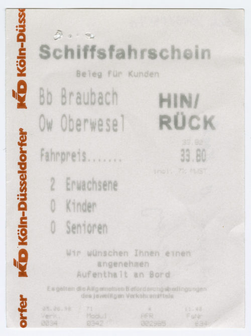 Köln-Düsseldorfer Deutsche Rheinschiffahrt AG (Beteiligte Institution), Schiffsfahrschein "Braubach - Oberwesel", 05.06.1998