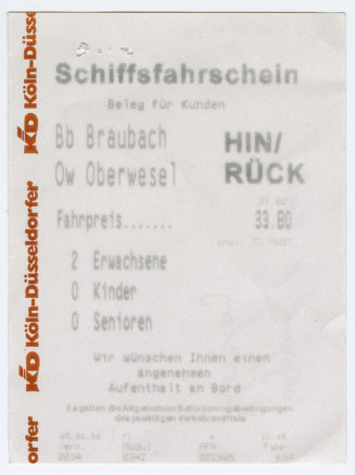 Schiffsfahrschein "Braubach - Oberwesel"