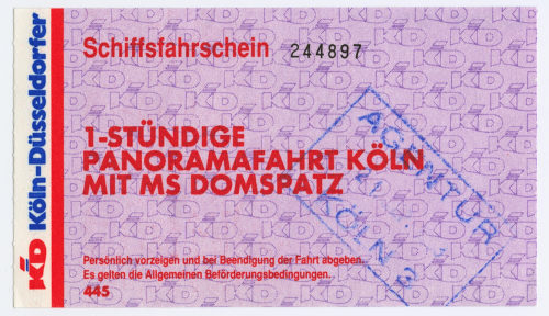 Köln-Düsseldorfer Deutsche Rheinschiffahrt AG (Beteiligte Institution), Schiffsfahrschein "1-STÜNDIGE PANORAMAFAHRT KÖLN MIT MS DOMSPATZ", n.d.