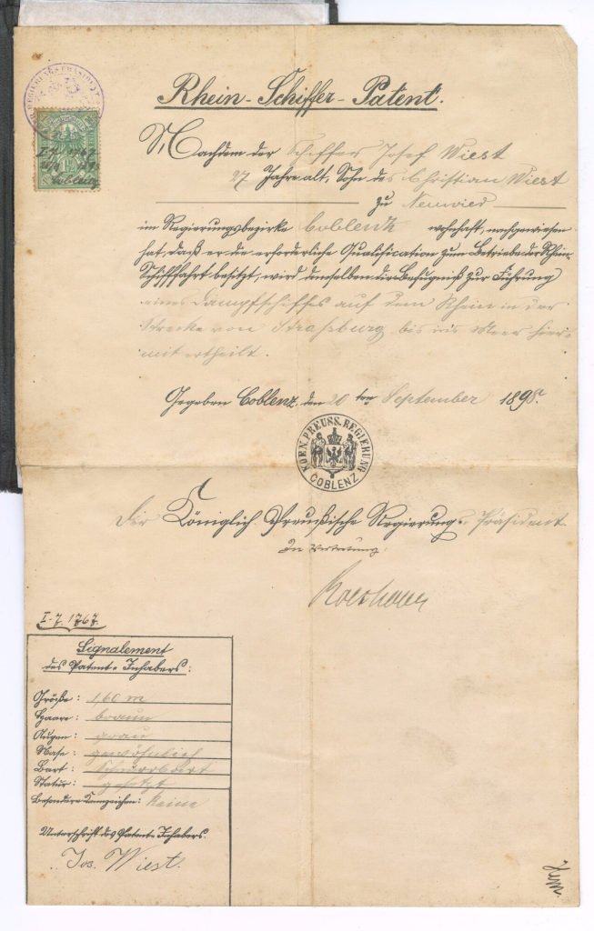 Rheinschiffer-Patent von Josef Wiest