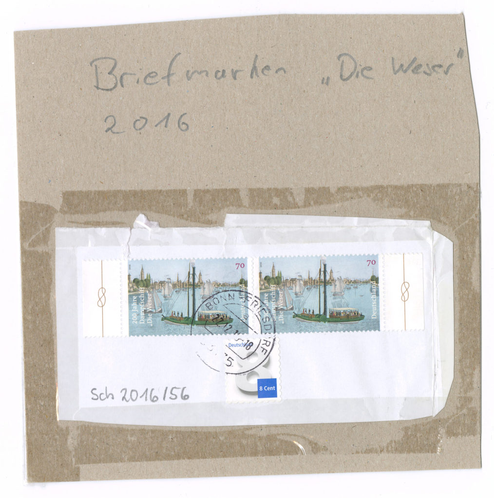 zwei Briefmarken "200 Jahre Dampfschiff Die Weser", eine Ergänzungsbriefmarke "8 Cent"