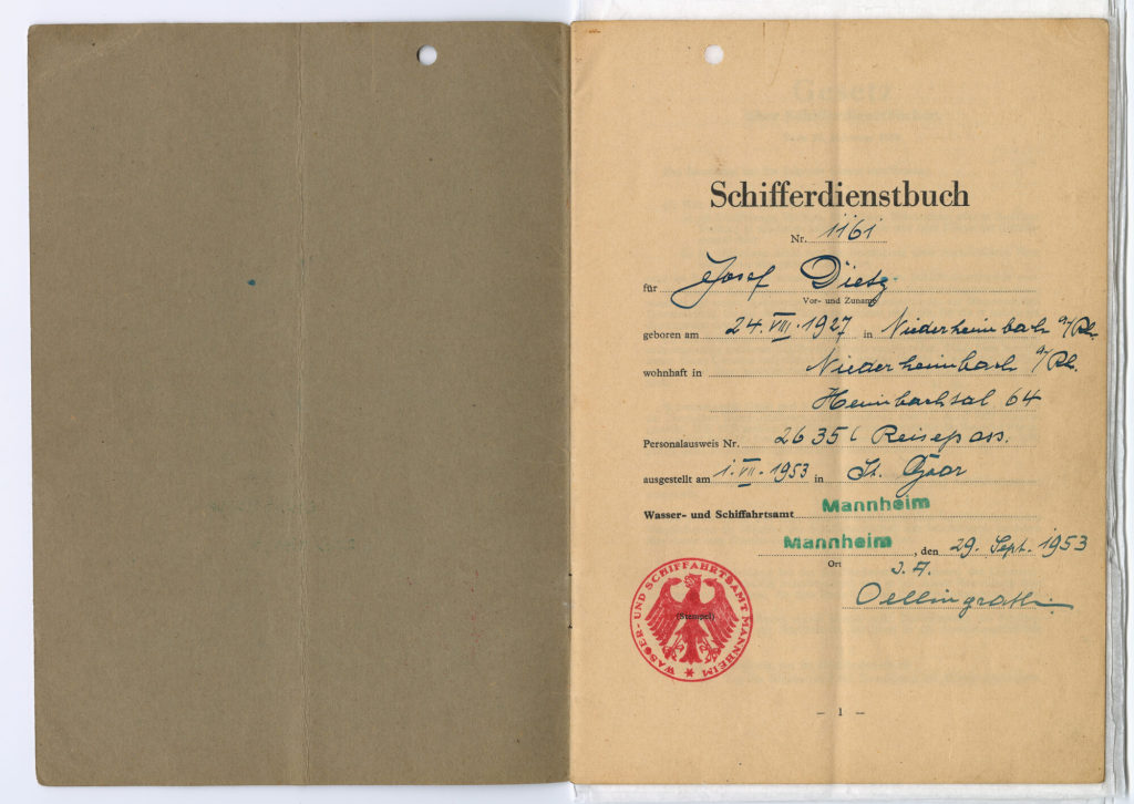 Schifferdienstbuch Nr. 1161 für Josef Dietz
