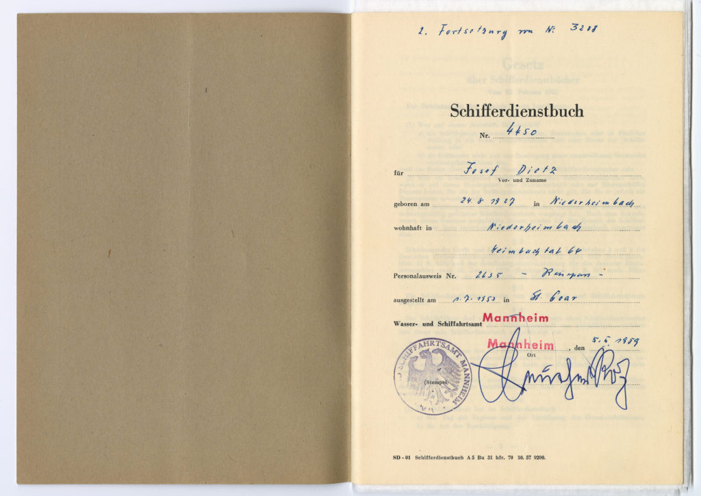 Schifferdienstbuch Nr. 4450 für Josef Dietz