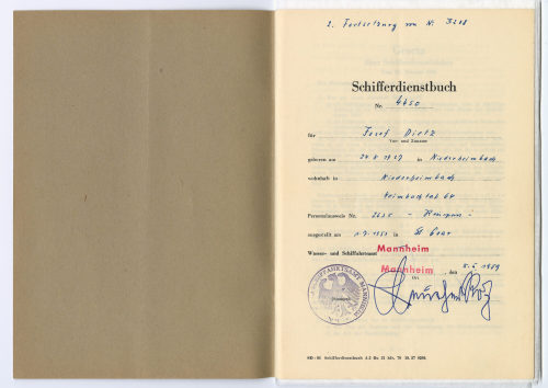 Josef Dietz (Erwähnt), Schifferdienstbuch Nr. 4450 für Josef Dietz, 1958-1959