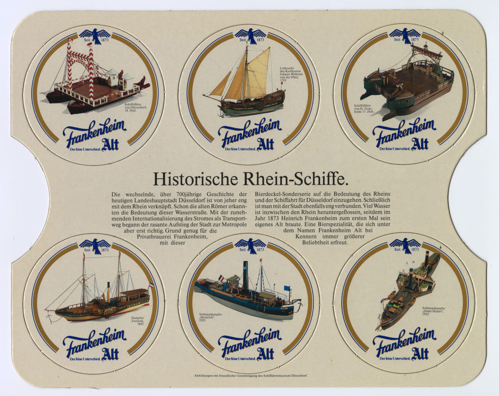 Stanzrahmen mit Bierdeckeln der Brauerei Frankenheim Alt "Historische Rheinschiffe"