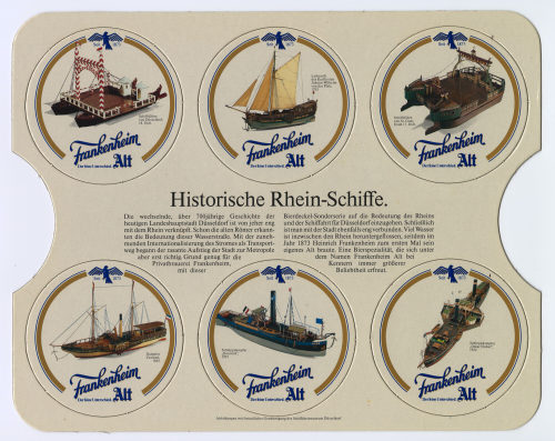 Privatbrauerei Frankenheim GmbH & Co. KG (Beteiligte Institution), Stanzrahmen mit Bierdeckeln der Brauerei Frankenheim Alt "Historische Rheinschiffe", um 1984
