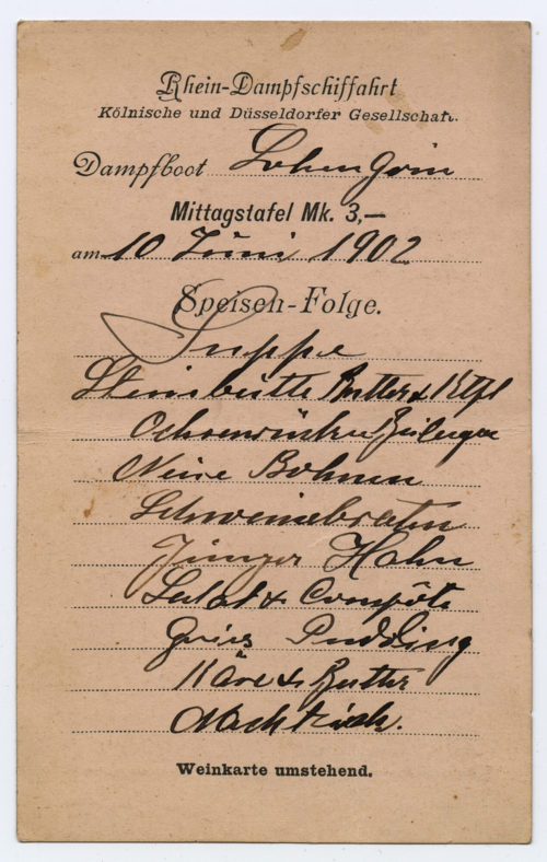 Köln-Düsseldorfer Deutsche Rheinschiffahrt AG (Beteiligte Institution), Speisen-Folge und Wein-Karte der Rhein-Dampfschiffahrt, 1902