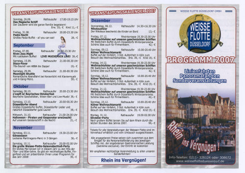 Weisse Flotte Düsseldorf GmbH (Beteiligte Institution), WEISSE FLOTTE DÜSSELDORF. PROGRAMM 2007. Linienfahrten. Panoramafahrten. Sonderveranstaltungen., 2007